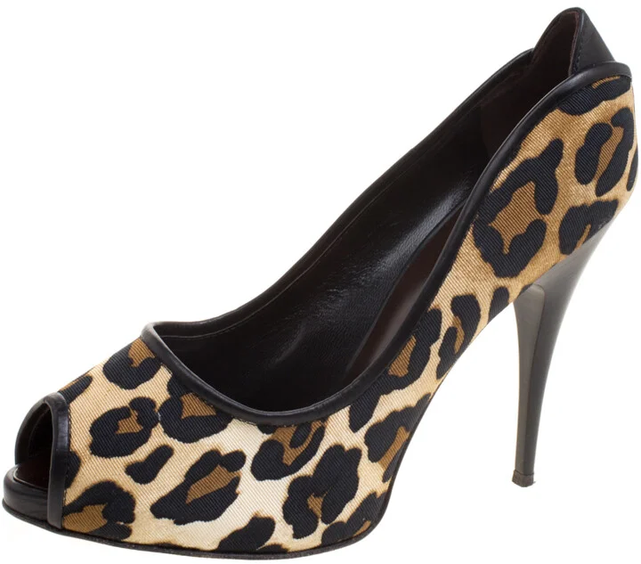 Giuseppe Zanotti Leopard Print Canvas Peep Toe Pumps Size 38.5