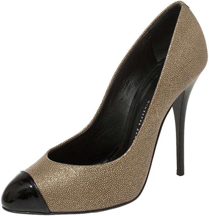 Giuseppe Zanotti Metallic Beige Leather And Patent Leather Cap Toe Pumps Size 37.5