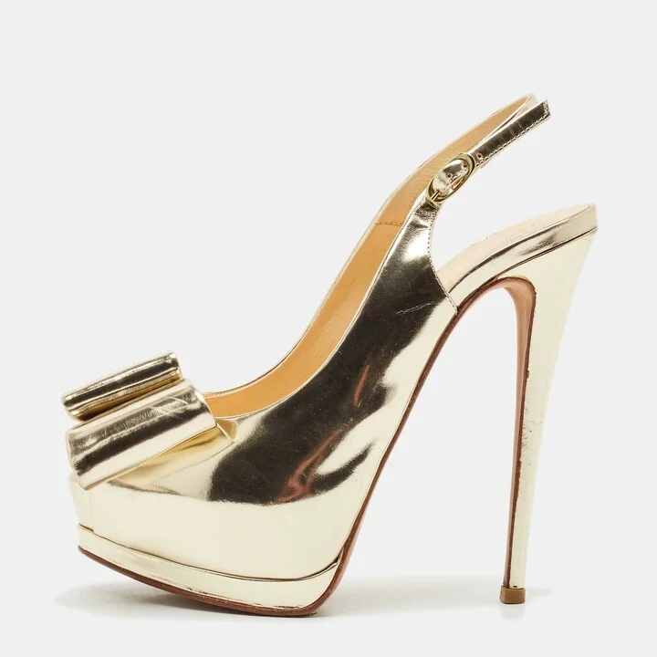 Giuseppe Zanotti Metallic Gold Leather Bow Platform Slingback Pumps Size 37.5