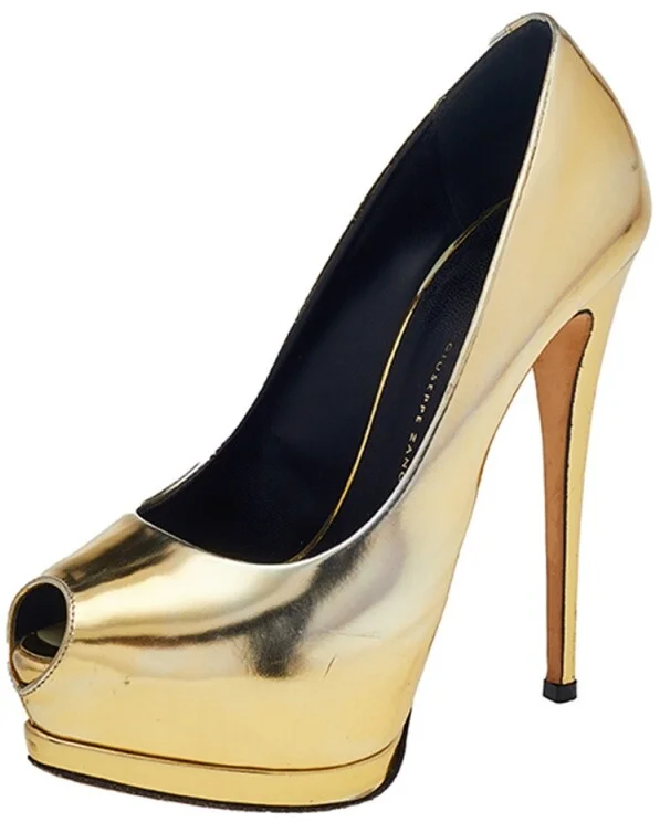 Giuseppe Zanotti Metallic Gold Mirror Leather Peep Toe Platform Pumps Size 37.5