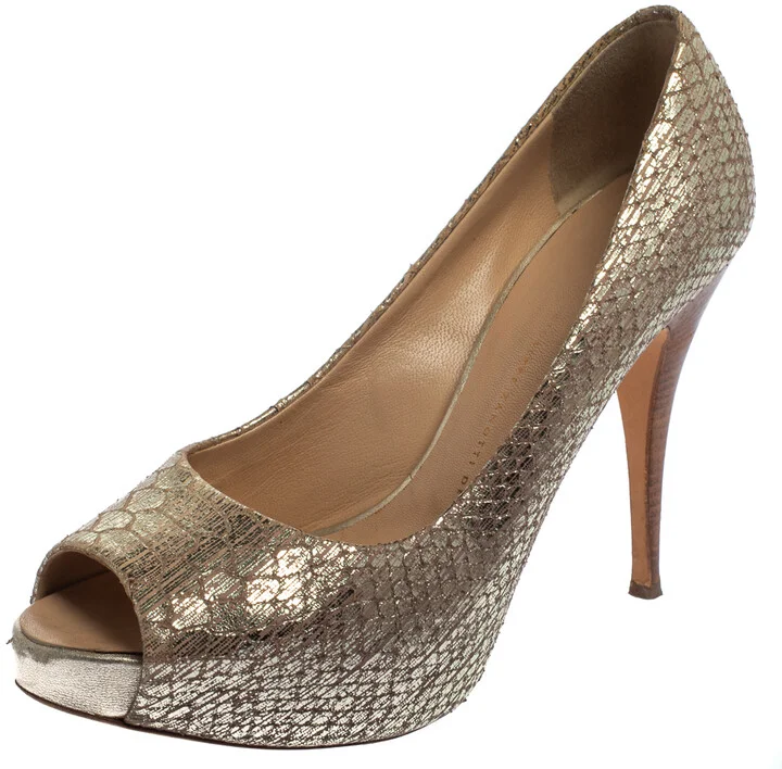Giuseppe Zanotti Metallic Gold Python Embossed Leather Peep Toe Platform Pumps Size 39.5