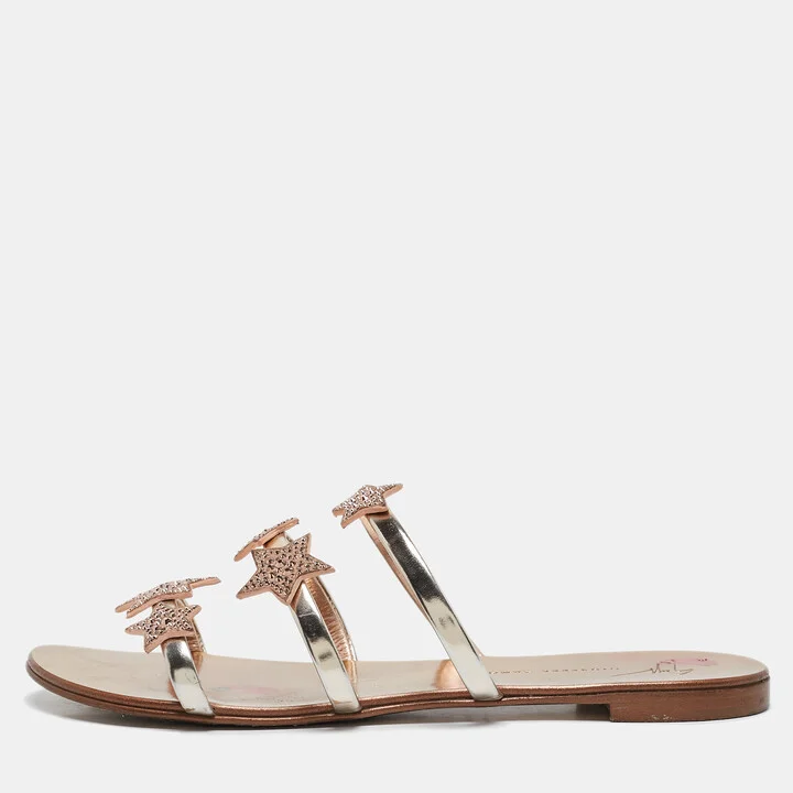Giuseppe Zanotti Metallic Leather and Suede Star Flat Slides Size 39