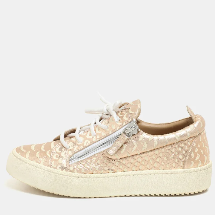Giuseppe Zanotti Metallic Rose Gold Leather Double Zip Low Top Sneakers Size 37