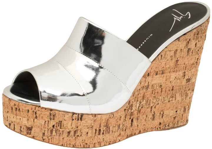 Giuseppe Zanotti Metallic Silver Leather Roz Cork Wedge Platform Slide Sandals Size 40