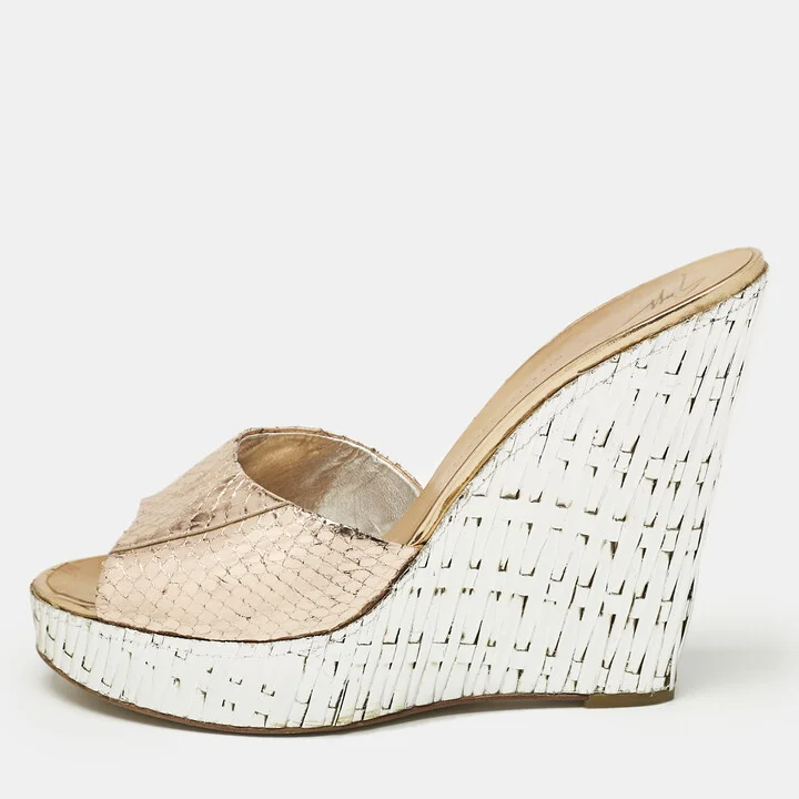 Giuseppe Zanotti Metallic Snakeskin Embossed Leather Platform Wedge Sandals Size 40