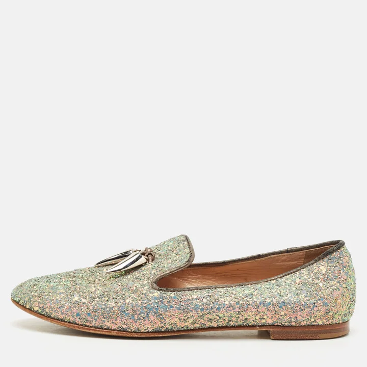Giuseppe Zanotti Multicolor Glitter and Suede Shark Tooth Smoking Slippers Size 38.5
