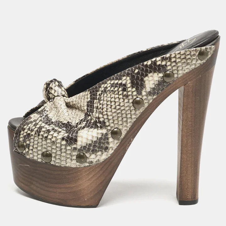 Giuseppe Zanotti Multicolor Snakeskin Embossed Leather Knot Wooden Platform Mules Size 40