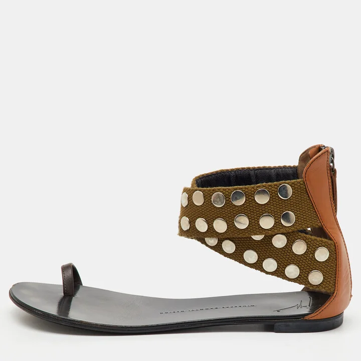 Giuseppe Zanotti Multicolor Studded Canvas and Leather Toe Ring Flat Sandals Size 38