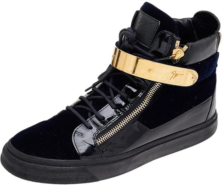 Giuseppe Zanotti Navy Blue/Black Velvet and Leather Coby High Top Sneakers Size 43