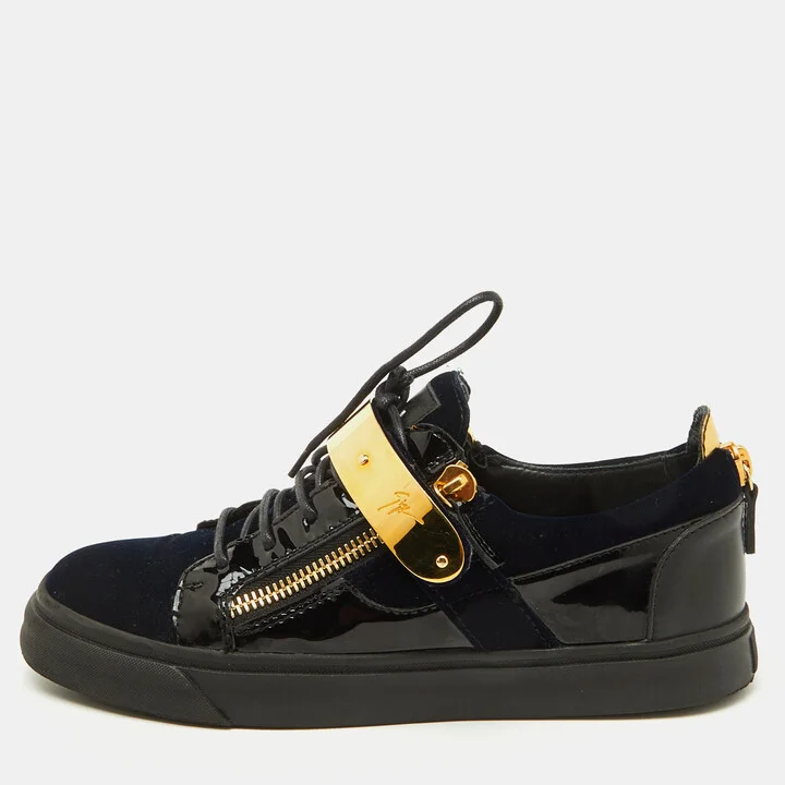 Giuseppe Zanotti Navy Blue/Black Velvet and Patent Leather Double Zip Low Sneakers Size 41