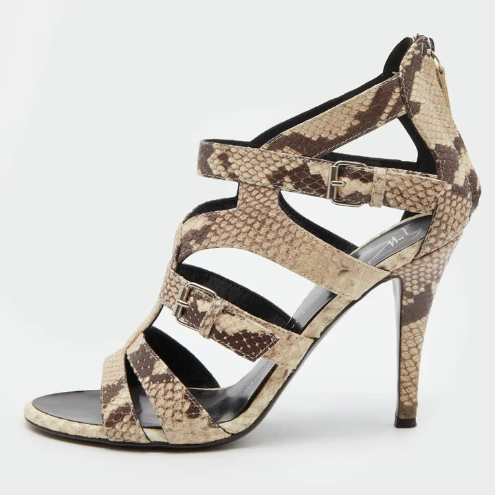 Giuseppe Zanotti Off White/Brown Python Embossed Leather Strappy Sandals Size 38