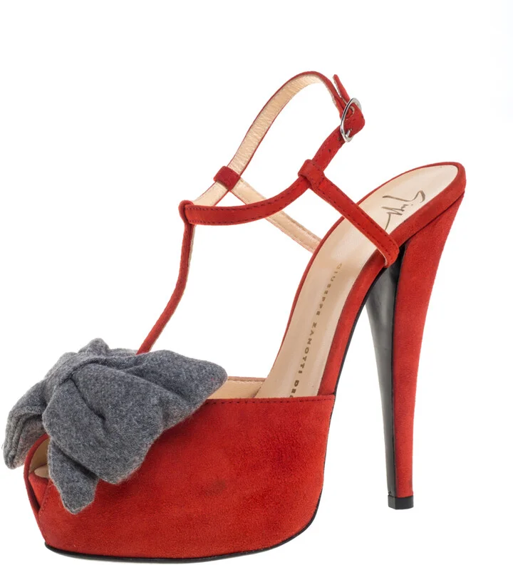 Giuseppe Zanotti Orange Suede Bow Platform Sandals Size 38.5