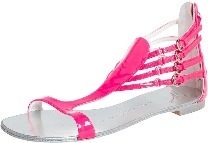 Giuseppe Zanotti Pink Patent Leather T-strap Flat Sandals Size 36
