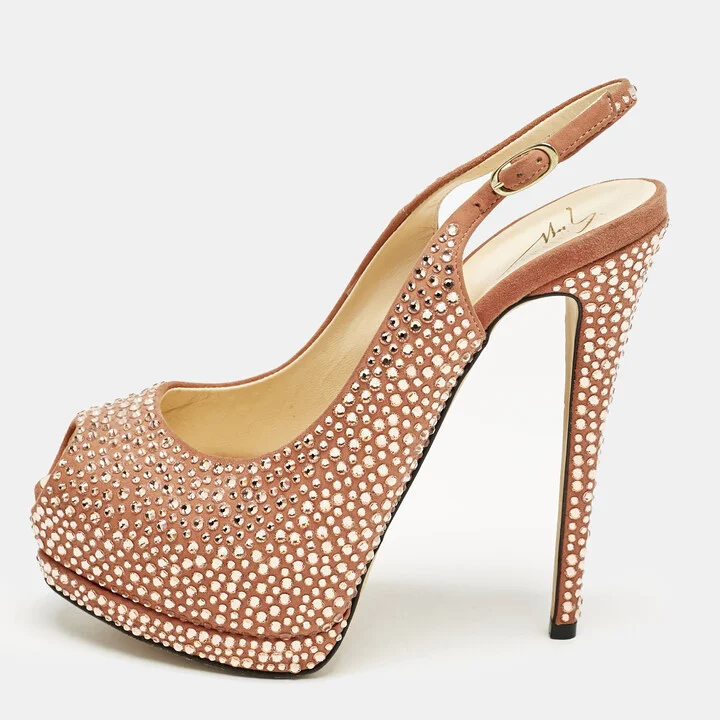 Giuseppe Zanotti Pink Suede Crystal Embellished Liza Peep Toe Platform Pumps Size 37.5