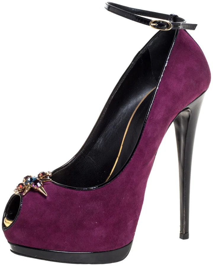 Giuseppe Zanotti Purple Suede Crystal Embellished Pep Toe Ankle Strap Pumps Size 40