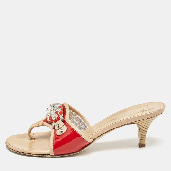 Giuseppe Zanotti Red/Red Leather And Patent Crystal Embellished Slide Sandals Size 38
