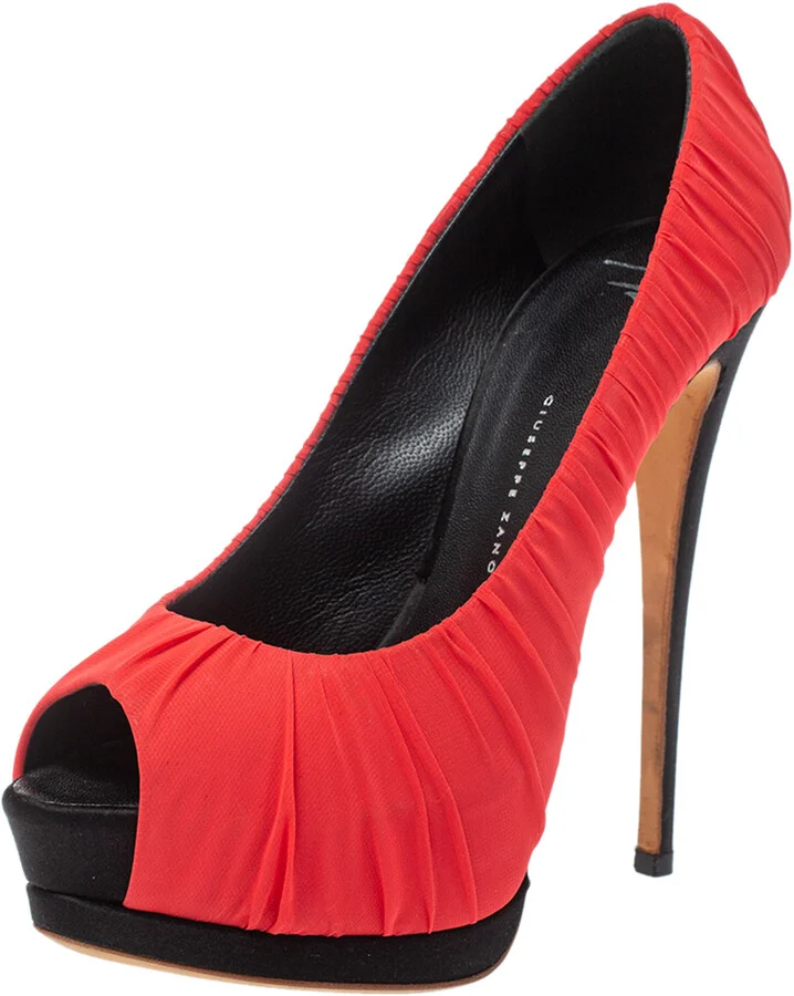 Giuseppe Zanotti Red Ruched Silk Peep Toe Platform Pumps Size 37.5