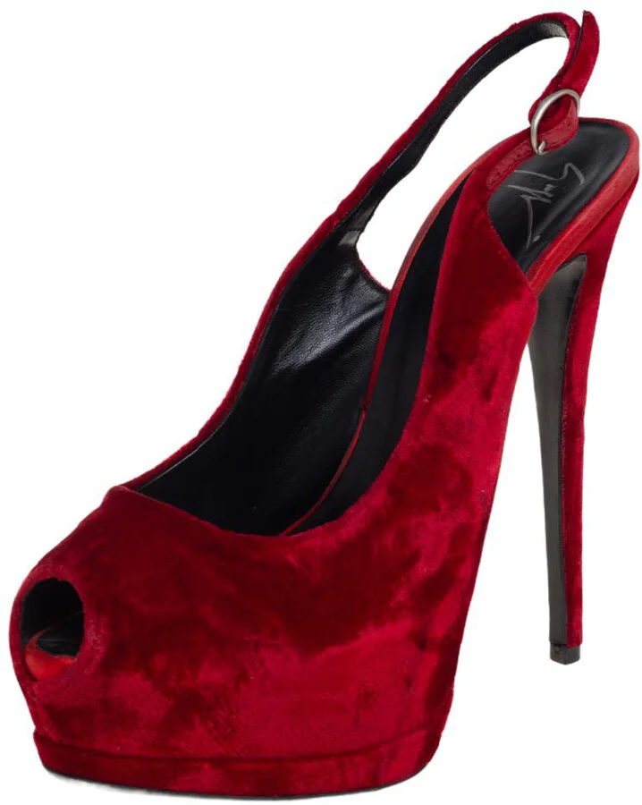 Giuseppe Zanotti Red Velvet Peep Toe Slingback Platform Sandals Size 38.5