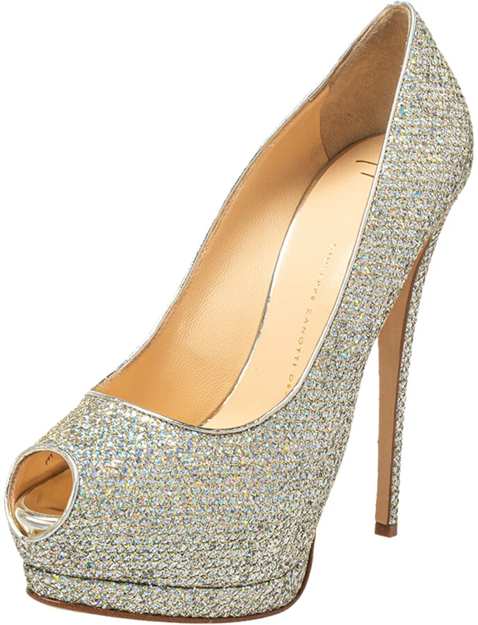 Giuseppe Zanotti Silver Glitter And Leather Sharon Peep Toe Platform Pumps Size 40