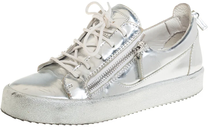Giuseppe Zanotti Silver Leather Lace up Sneakers Size 40