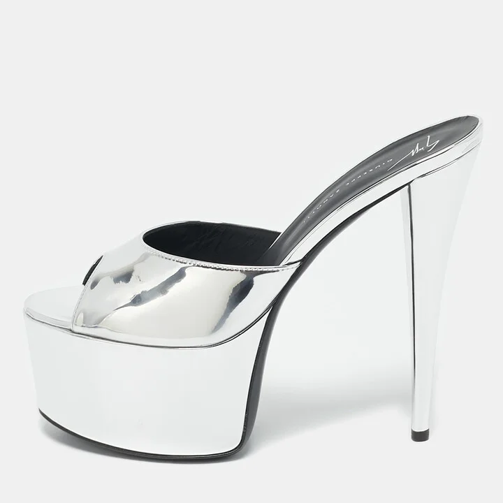 Giuseppe Zanotti Silver Leather Platform Slide Sandals Size 41