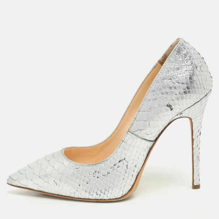 Giuseppe Zanotti Silver Python Embossed Leather Pointed Toe Pumps Size 37.5