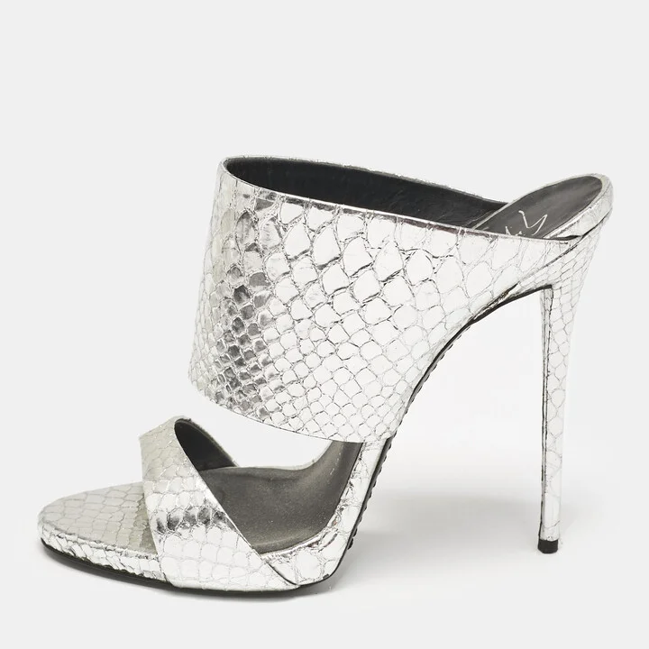 Giuseppe Zanotti Silver Snakeskin Embossed Leather Andrea Sandals Size 39