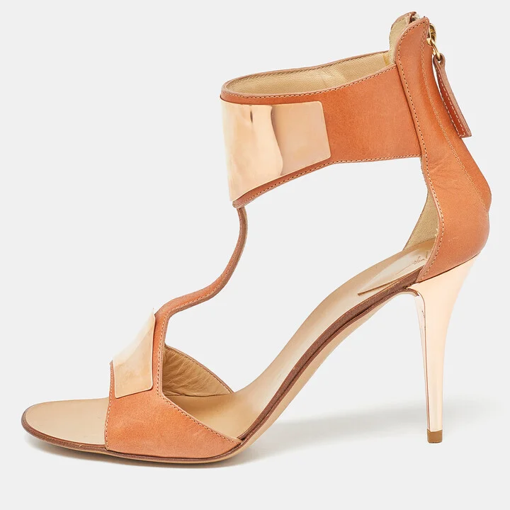 Giuseppe Zanotti Tan Leather Metal Detail T Strap Sandals Size 37