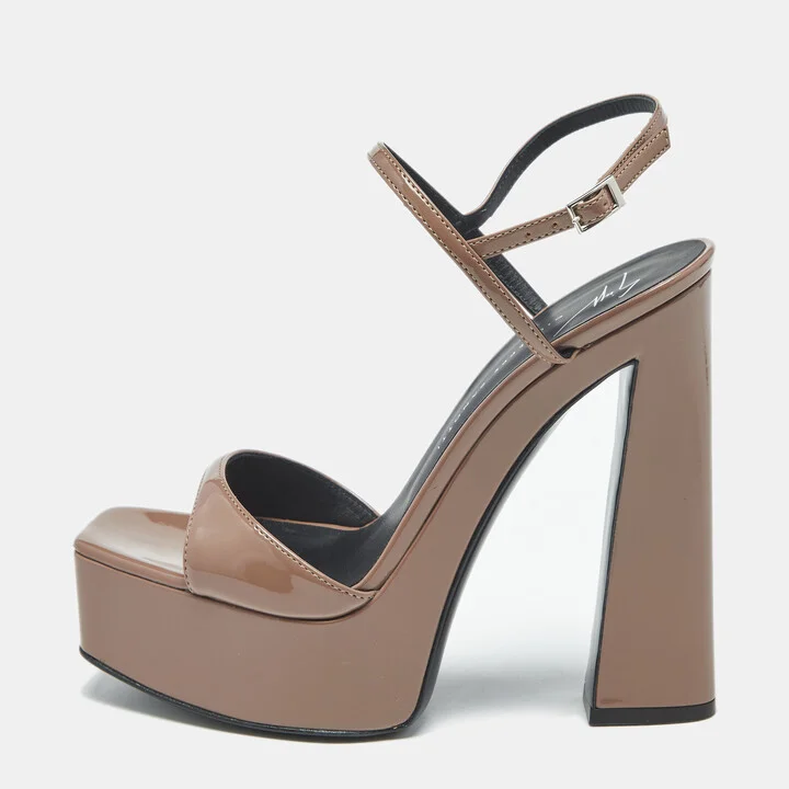 Giuseppe Zanotti Taupe Brown Patent Leather Sylvy Ankle Strap Platform Sandals Size 36