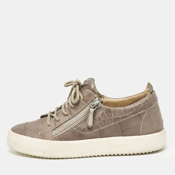 Giuseppe Zanotti Taupe Grey Croc Embossed Leather Frankie Low Top Sneakers Size 39