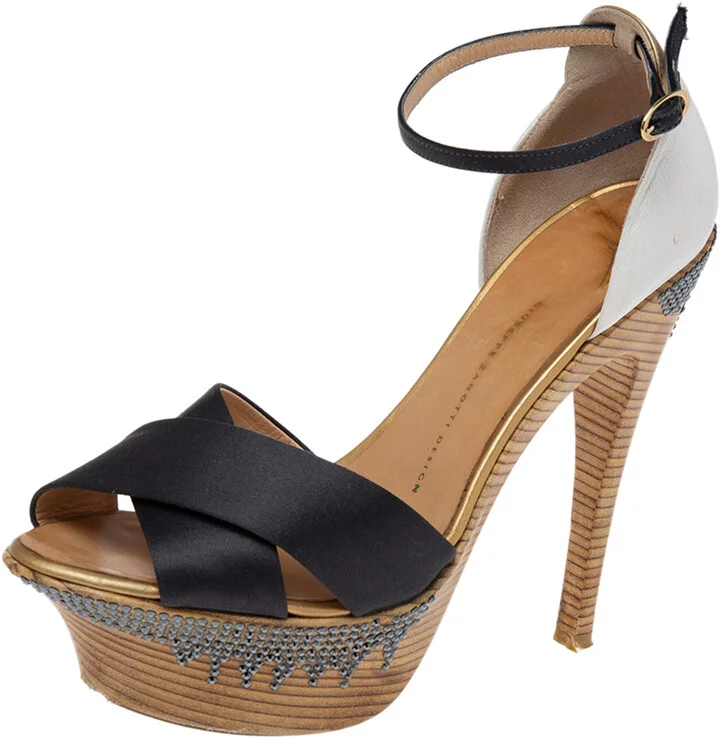 Giuseppe Zanotti Tri-Color Satin and Leather Embellished Platform and Heel Ankle Strap Sandals Size 40