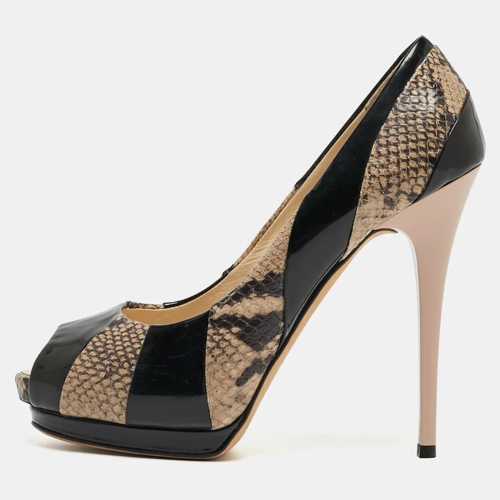 Giuseppe Zanotti Tricolor Embossed Python and Patent Leather Platform Peep Toe Pumps Size 40