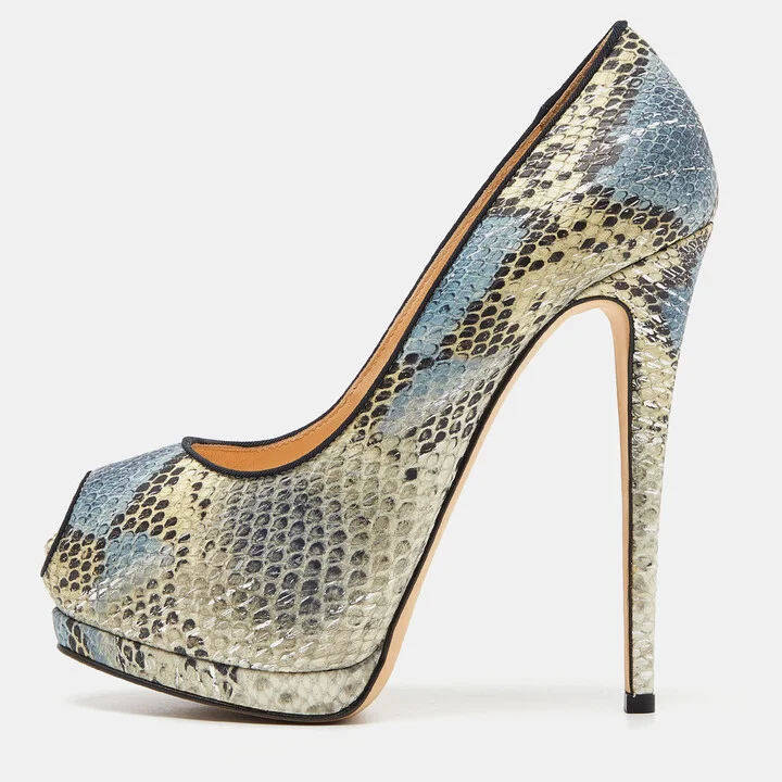 Giuseppe Zanotti Tricolor Embossed Python Sharon Peep Toe Pumps Size 38