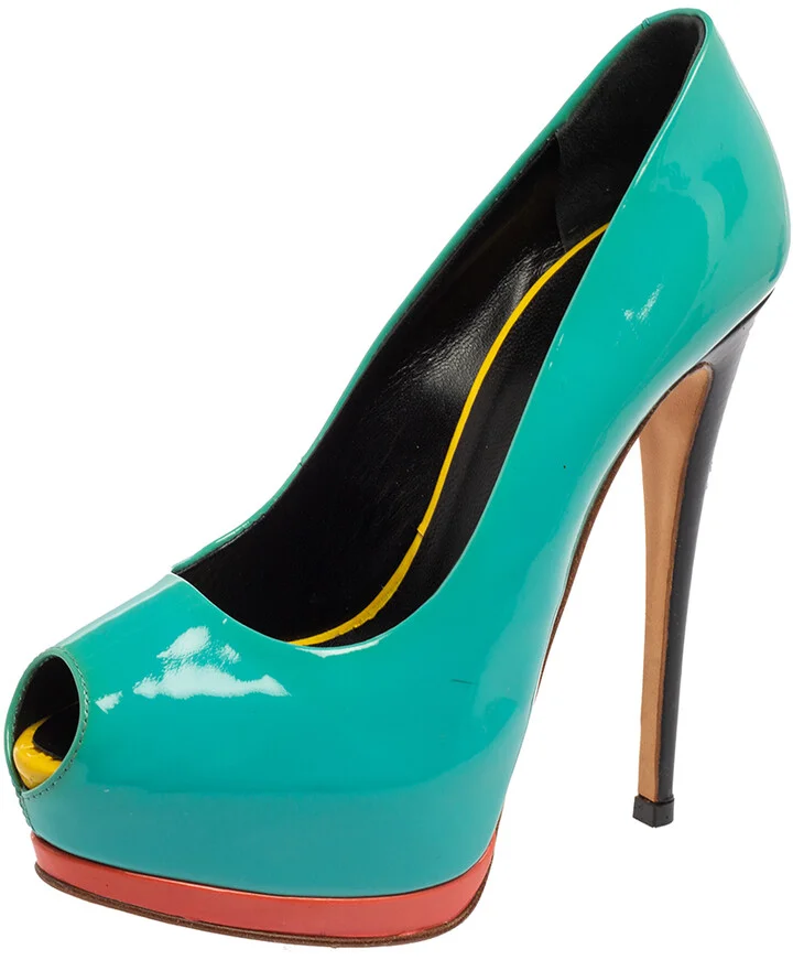 Giuseppe Zanotti Turquoise Patent Leather Peep-Toe Platform Pumps Size 36