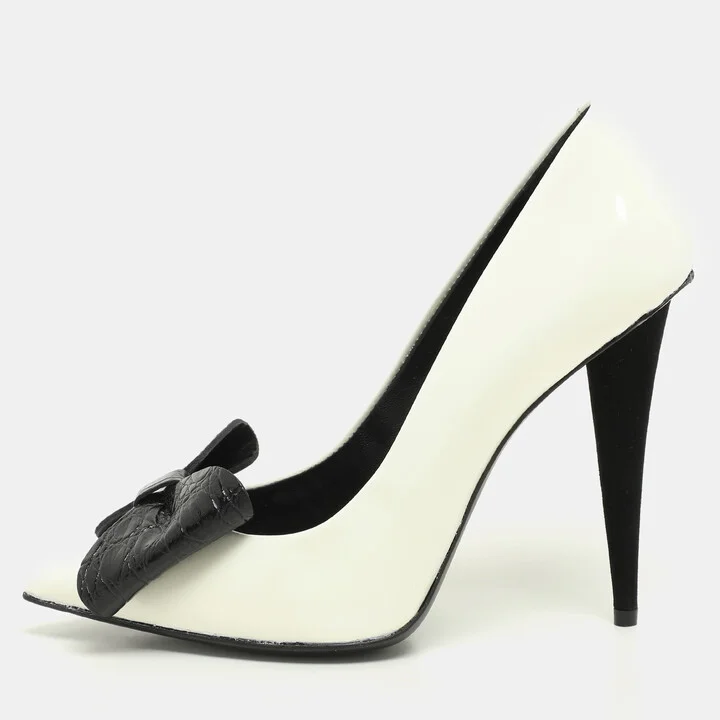 Giuseppe Zanotti White/Black Patent Leather and Croc Embossed Leather Bow Pumps Size 38