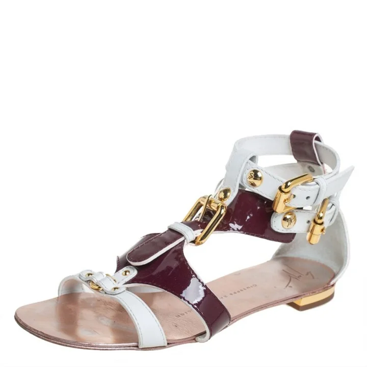 Giuseppe Zanotti White/Burgundy Patent Leather And Leather Flat Strappy Sandals Size 36