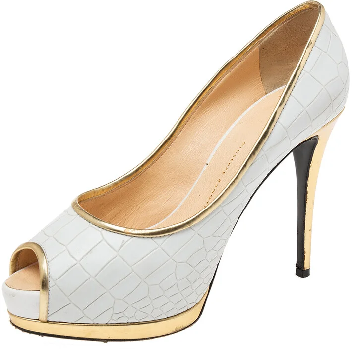 Giuseppe Zanotti White Croc Embossed Leather Peep-Toe Platform Pumps Size 39