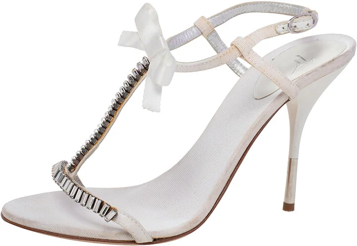 Giuseppe Zanotti White Fabric And Satin Embellished Ankle Strap Sandals Size 37.5