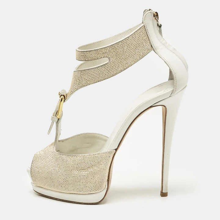 Giuseppe Zanotti White Leather Gold Strass Buckle Sandals Size 37