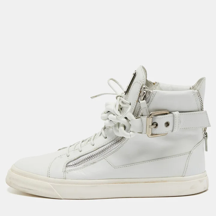 Giuseppe Zanotti White Leather Metal Chain High Top Sneakers Size 44