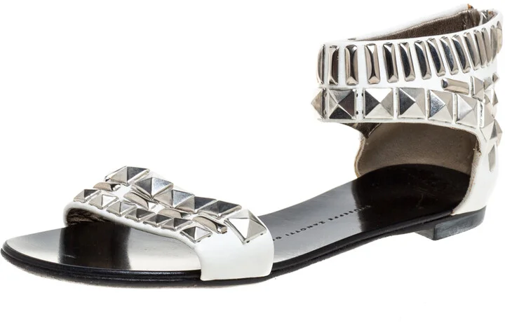 Giuseppe Zanotti White Leather Studded Ankle Cuff Zipper Flats Size 36
