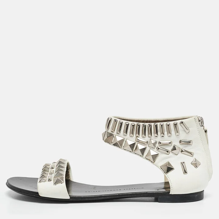 Giuseppe Zanotti White Leather Studded Ankle Cuff Zipper Flats Size 37.5