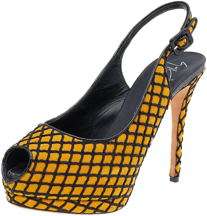 Giuseppe Zanotti Yellow/Black Suede And Fabric Platform Peep Toe Slingback Sandals Size 38.5