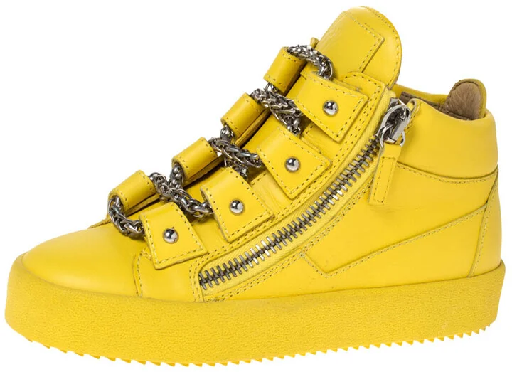 Giuseppe Zanotti Yellow Leather Gold Chain Laces Dual Zip Sneakers Size 35