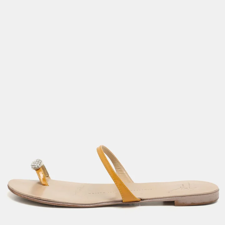 Giuseppe Zanotti Yellow Patent Leather Crystal Embellished Toe Ring Flat Sandals Size 36
