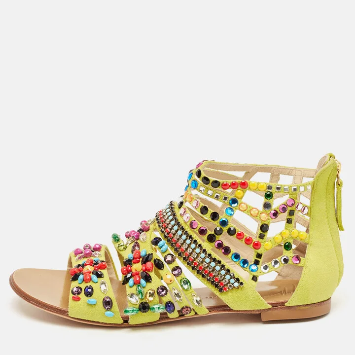 Giuseppe Zanotti Yellow Suede Crystal Embellished Gladiator Flat Sandals Size 36