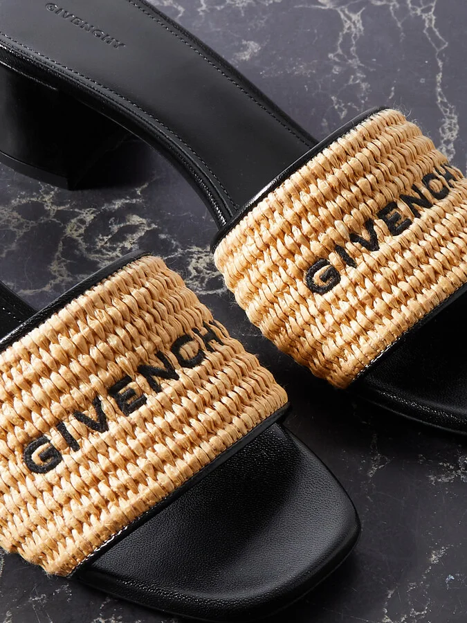 Givenchy - 4g Leather-trimmed Embroidered Raffia Mules - Neutrals - Image 4