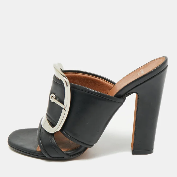 Givenchy Black Leather Buckle Detail Slide Sandals Size 36