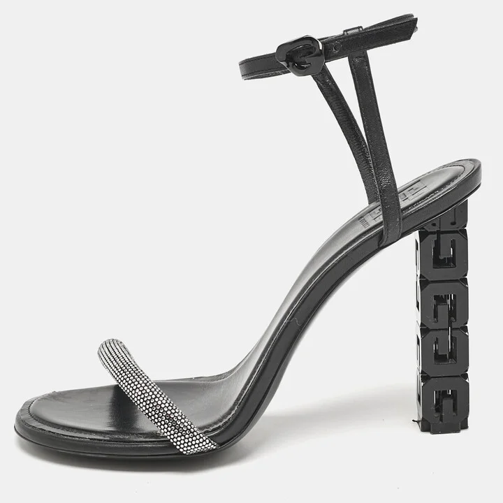 Givenchy Black Leather G Cube Crystal Embellished Heel Ankle Strap Sandals Size 41