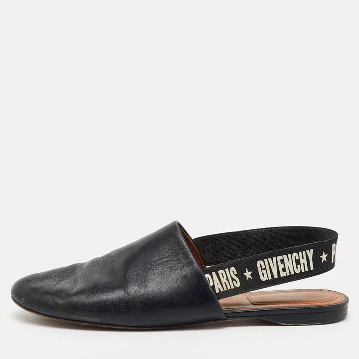 Givenchy Black Leather Rivington Logo Slingback Flats Size 37